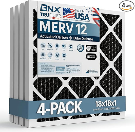 BNX TruFilter 18x18x1 MERV 12 Odor Defense (4-Pack) AC Furnace Air Filter with Activated Carbon - MADE IN USA - Pleated Air Conditioner HVAC AC Furnace Filters - Removes Odor, Mold, Bacteria, Smoke
