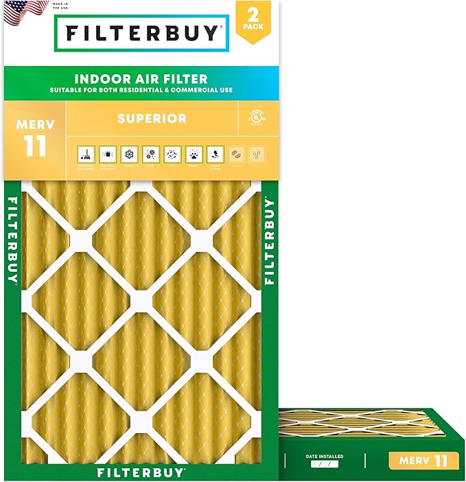 Filterbuy 14x25x2 Air Filter MERV 11 Superior Pet & Allergy Defense (2-Pack), Electrostatic Pleated HVAC AC Furnace Filters Replacement, Made in USA (Actual Size: 13.50 x 24.50 x 1.75)
