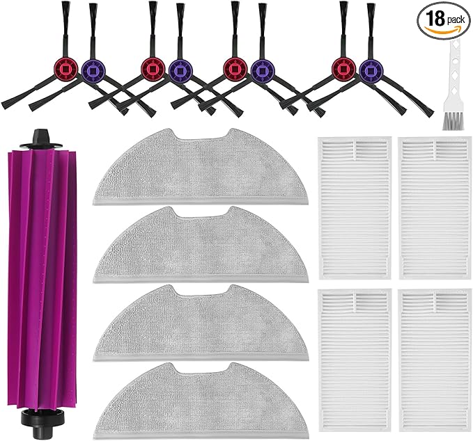 18 Pack E10s Accessories Kit Replacement Compatible with Eureka E10S / E20 Plus Robot Vacuum Cleaner, 1 Main Roller Brushes, 8 Side Brushes, 4 Hepa Filters, 4 Mop Pads,1 Cleaning Brush