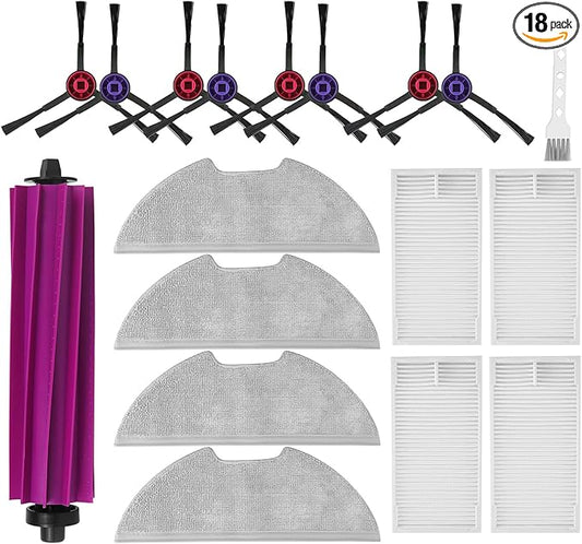 18 Pack E10s Accessories Kit Replacement Compatible with Eureka E10S / E20 Plus Robot Vacuum Cleaner, 1 Main Roller Brushes, 8 Side Brushes, 4 Hepa Filters, 4 Mop Pads,1 Cleaning Brush