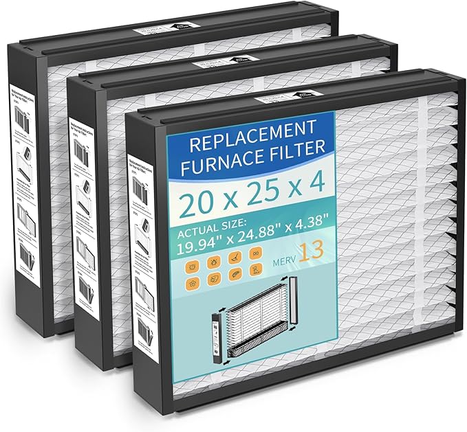 3-Pack 20x25x4 Replacement Air Filter for Honeywell FC100A1037, MERV 13 Pleated HVAC AC Furnace Filters - Allergy & Dust Defense (Actual Size: 19.94 x 24.88 x 4.38 Inches)