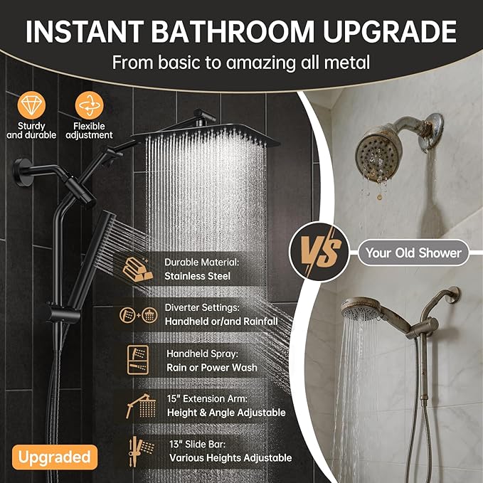 Veken All Metal 10" Black Shower Head with Handheld, Luxurious Square Double Rain Shower Heads with Power Wash Hand Held,Dual High Pressure Detachable Rainfall Showerhead with Arm,Bathroom,Matte Black