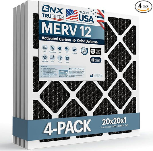 BNX TruFilter 20x20x1 MERV 12 Odor Defense (4-Pack) AC Furnace Air Filter with Activated Carbon - MADE IN USA - Pleated Air Conditioner HVAC AC Furnace Filters - Removes Odor, Mold, Bacteria, Smoke