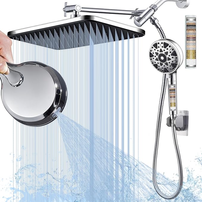 Dual shower Head with Handheld and Filter-14'' Rainfall ShowerHead,High Pressure Handheld Shower Head with Filters for Hard Water,7Spray with Power Wash,3-Way Setting for Couple Bathroom