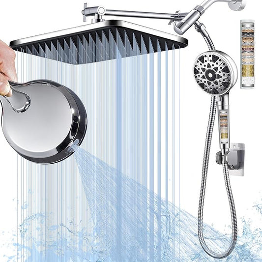Dual shower Head with Handheld and Filter-14'' Rainfall ShowerHead,High Pressure Handheld Shower Head with Filters for Hard Water,7Spray with Power Wash,3-Way Setting for Couple Bathroom