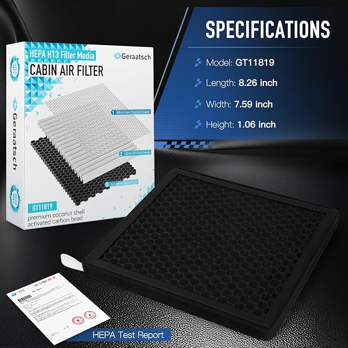 HEPA Cabin Air Filter with Activated Carbon Bean, Certified 99.95% Filtration, CF11819 for Hyundai Santa Fe/Sonata/Azera, Kia Cadenza/Optima/Sedona, GMC Terrain, Chevy Equinox