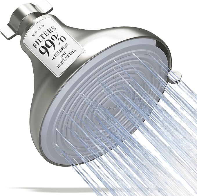 NUUD Filtered Shower Head - Removes Chlorine, Heavy Metals & Contaminants for Healthier Scalp Skin & Hair | Protects Colored Hair & Soothes Dry Skin - High Pressure Shower Head Filter - Brushed Nickel