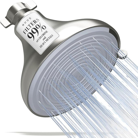NUUD Filtered Shower Head - Removes Chlorine, Heavy Metals & Contaminants for Healthier Scalp Skin & Hair | Protects Colored Hair & Soothes Dry Skin - High Pressure Shower Head Filter - Brushed Nickel
