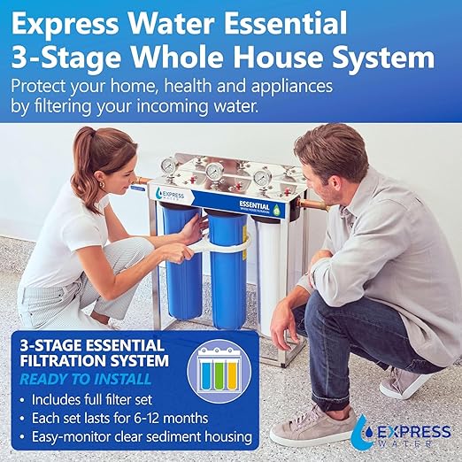 Express Water Whole House Water Filter System, 3 Stage Whole Home Filter Reduces Chlorine, Chloramine and More for Healthier Skin, Includes Free-Standing Stainless Steel Frame & 3 Pressure Gauges