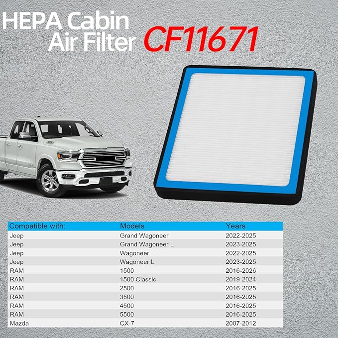 CF11671 Cabin Air Filter HEPA Air Conditioner with Activated Carbon Replacement Cabin Air Filter Accessories Compatible with MAZDA CX-7 2007-2012 RAM1500 2500 3500 2016-2025