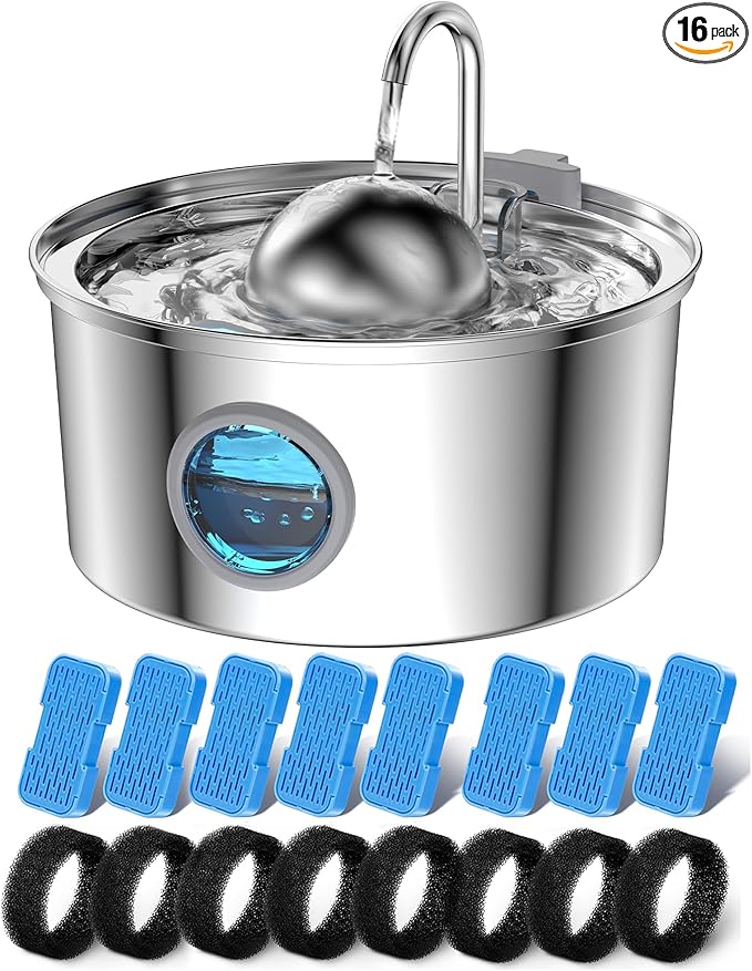 AONBOY Cat Water Fountain with 16 Filters, 108oz/3.2L Cat Fountain Stainless Steel, Includes 8 Carbon Filters and 8 Sponge Filters, Faucet Shape Dog Water Fountain, Double Noise Reduction Design