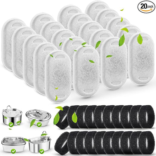 SORON Cat Water Fountain Filters for 67oz/2L and 108/3.2L Stainless Steel Pet Fountain Replacement Filters, 20 Dog Water Bowl Dispenser Filter Replacement with 20 Sponges, Easy to Install and Clean