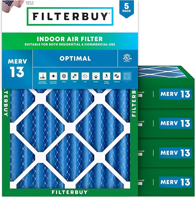 Filterbuy 14x20x4 Air Filter MERV 13 Optimal Smoke & Allergy Defense (5-Pack), Electrostatic Pleated HVAC AC Furnace Filters Replacement, Made in USA (Actual Size: 13.50 x 19.50 x 3.63)
