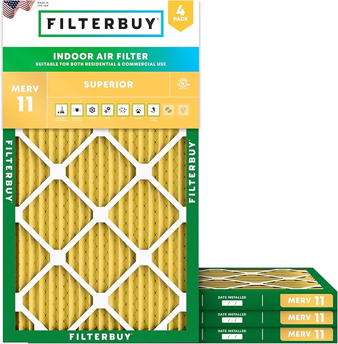 Filterbuy 15x30x1 Air Filter MERV 11 Superior Pet & Allergy Defense (4-Pack), Electrostatic Pleated HVAC AC Furnace Filters Replacement, Made in USA (Actual Size: 14.50 x 29.50 x 0.75)
