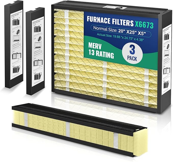 3-Pack 20x25x5 Air Filter MERV 13 Superior Pet & Allergy Defense, Pleated HVAC AC Furnace Filters Compatible with Lennox X6673(Actual Size: 19.88 x 24.75 x 4.38inch)
