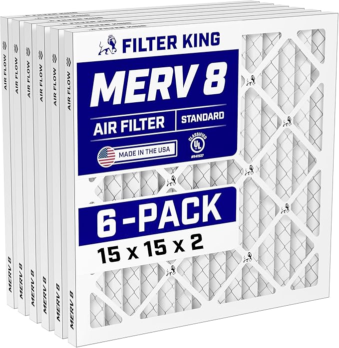 Filter King 15x15x2 Air Filter (MERV 8) (6-Pack) Dust & Allergy Control AC Furnace Filters, MADE IN USA, HVAC, Pleated, Electrostatic (Actual Size: 15 x 15 x 1.75)