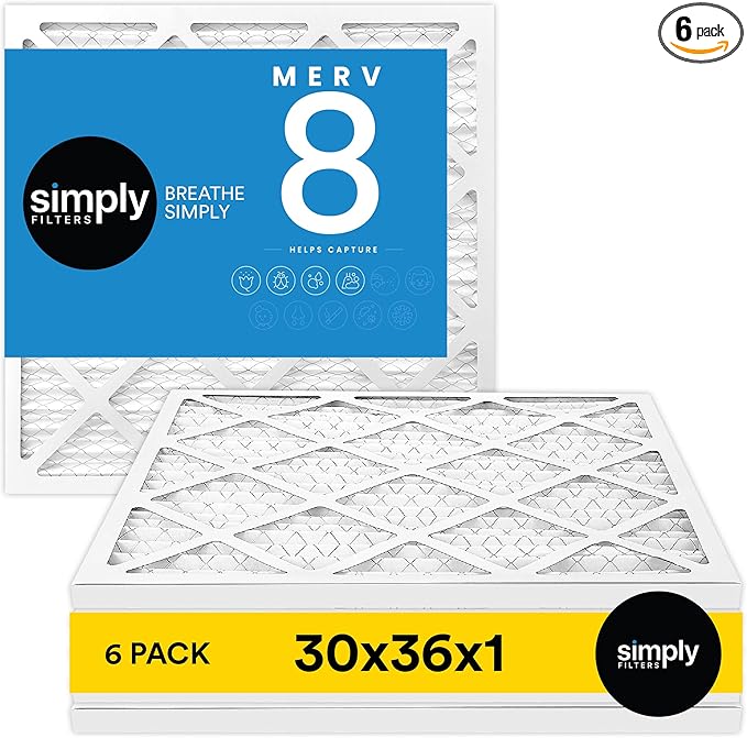 Simply 30x36x1 Air Filter, Merv 8, MPR 600, 6 Pack, For Home AC Furnace & HVAC (Actual Size: 29.75"x35.75"x0.75") DUST, Pet, & Allergy Control