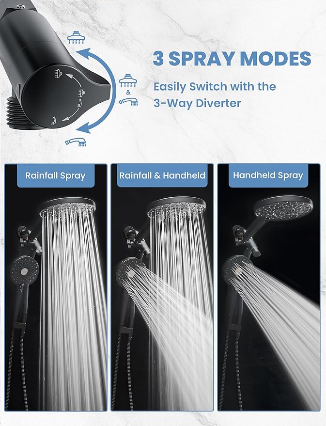 Magichome Rain/Rainfall Shower Head Filtered Handheld Combo with Large Arm, High Pressure 10 Spray Modes, Stainless Steel Hose, Water Softener Beads for Hard Water & Chlorine Removal, Matte Black