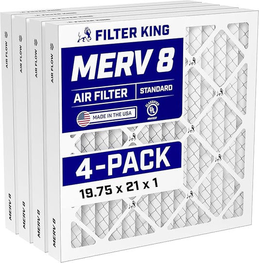 Filter King 19.75x21x1 Air Filter (MERV 8) (4-Pack) Dust & Allergy Control AC Furnace Filters, MADE IN USA, HVAC, Pleated, Electrostatic (Actual Size: 19.75 x 21 x .75)