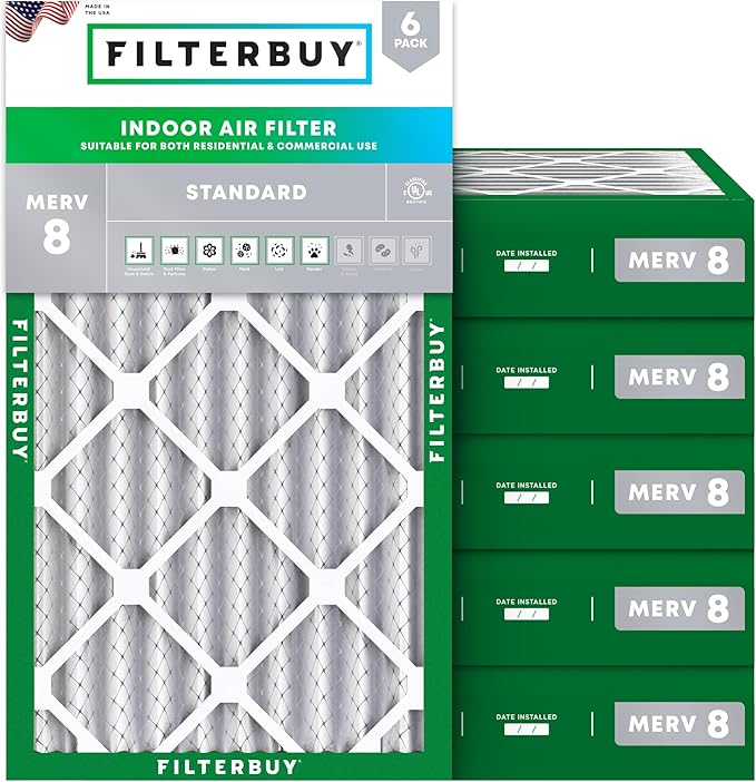 Filterbuy 20x30x4 Air Filter MERV 8 Essential Dust & Allergy Defense (6-Pack), Electrostatic Pleated HVAC AC Furnace Filters Replacement, Made in USA (Actual Size: 19.50 x 29.50 x 3.63)