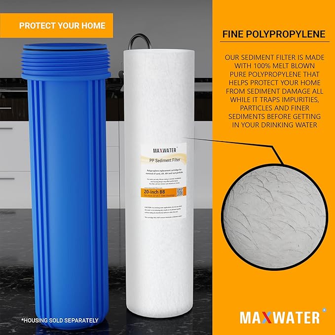 Max Water 10 Micron 20 x 4.5 Sediment Water Filter Replacement Cartridge, Whole House Sediment Filtration Compatible with DGD-5005-20, FP25B, AP810-6, FPMB5-20, P5-20, 155358-43, SDC-45-2005, 4 Pack