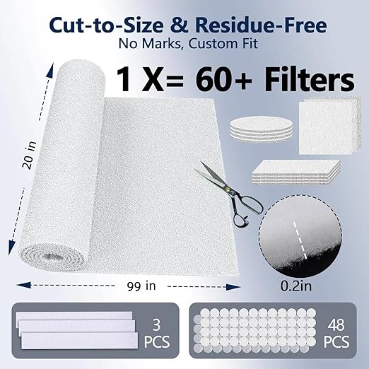 MERV 8 Air Vent Filters 20x99 Inch,Cut to Size Air Filter Material (60+ Filters), Electrostatic Triple Vent Filters for Floor, Ceiling, HVAC & RV Vents, Includes 48 Adhesive Hook Tape