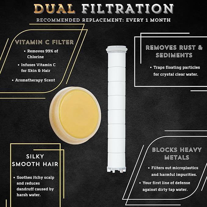High Pressure Filtered Shower Head with Vitamin C & PP Cotton - Hard Water Softener & Chlorine Remover for Dry Skin, Hair Care - Handheld Dual Filtration Spa System, Chrome