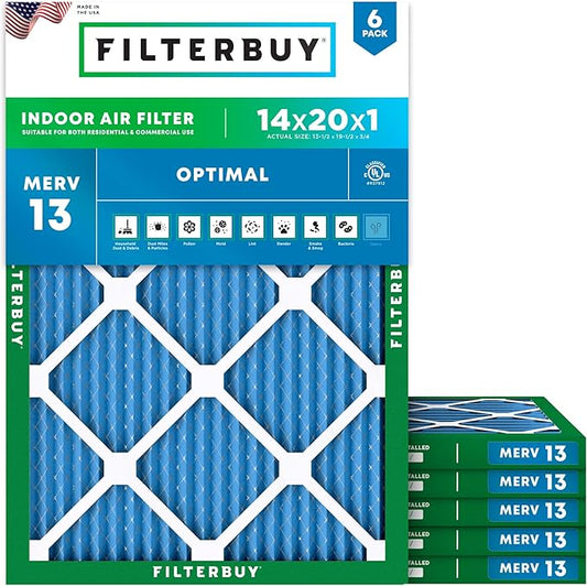 Filterbuy 14x20x1 Air Filter MERV 13 Optimal Smoke & Allergy Defense (6-Pack), Electrostatic Pleated HVAC AC Furnace Filters Replacement, Made in USA (Actual Size: 13.50 x 19.50 x 0.75)