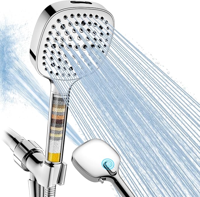 Filtered Shower Head with Handheld, High Pressure 7 Spray Showerhead with Filters, Detachable Shower Heads, Water Softener Filters for Hard Water - Remove Chlorine (Silver)
