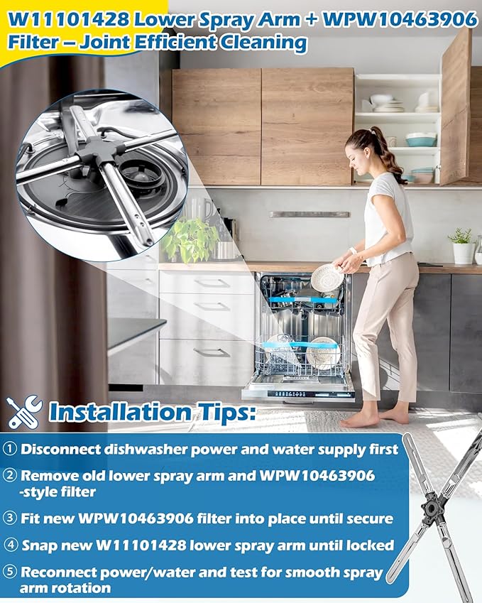 W11101428 Dishwasher Lower Spray Arm & WPW10463906 Filter Kit – Replacement for Whirlpool/KitchenAid/Maytag/Jenn Air | Wash Arm Replaces W10406822, W10858786, W10665718 | Fits KDFE104HPS0, KDTE234GPS0