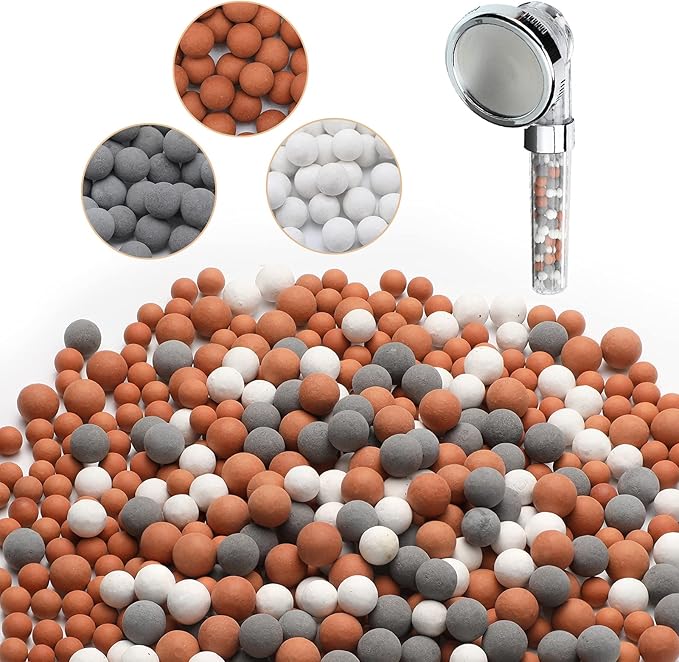 Patelai Replacement Anion Mineral Shower Head Bead Refills Purifying Water Mineral Bead Filtration Stone Ball for Filtered Shower Head, Diameter 7-8 mm(390.0 Grams,Orange, Gray, White)