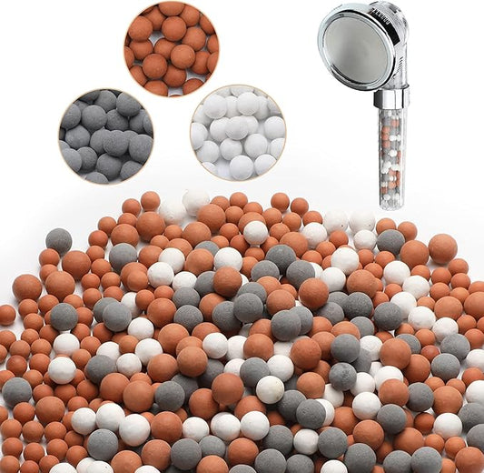 Patelai Replacement Anion Mineral Shower Head Bead Refills Purifying Water Mineral Bead Filtration Stone Ball for Filtered Shower Head, Diameter 7-8 mm(270.0 Grams,Orange, Gray, White)