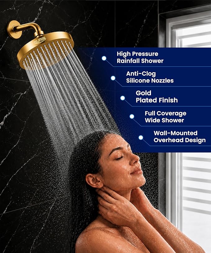 GURIN Shower Head - Powerful High Pressure Rain Shower Head 6 Inch - Luxury Rainfall Showerhead with Adjustable Angles, 90 Anti-Clog Nozzles, Tool-Free 1-Min Install, Premium Gold Plated Finish