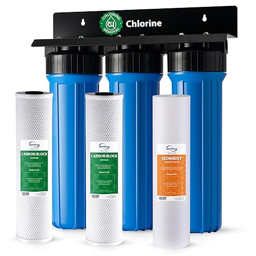 iSpring Commercial-Grade Whole House Water Filter System, Eliminates 99% Chlorine, Sediment, Taste, Odor, 3-Stage 20x4.5-inch Industrial Standard Filters, Model: WGB32B, 1-inch Inlet/Outlet