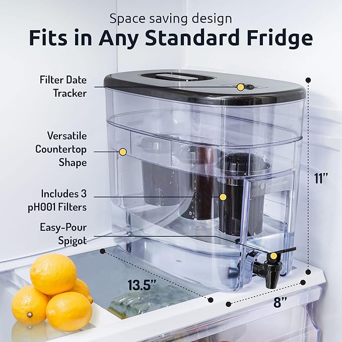 Invigorated Water - Alkaline Countertop Water Filter Dispenser, Large 53-Cup Capacity, Mineralized Alkaline Water, BPA-Free, 96 Gallons/Filter (Black, 3 Filters Included)