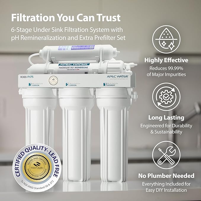 APEC Water ROES-PH75X 6-Stage Alkaline Under Sink Reverse Osmosis Water Filter System, NSF Cetified 372 & 58, 75 GPD, with Extra High Capacity Pre-Filter Set Stage 1-3