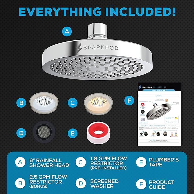 SparkPod Shower Head - High Pressure Rain - Premium Quality Luxury Design - Easy Clean Adjustable Replacement for Your Bathroom Shower Heads (Polished Chrome Finish, 6 Inch Round)