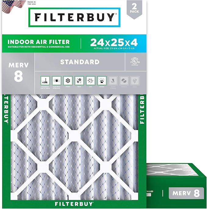 Filterbuy 24x25x4 Air Filter MERV 8 Essential Dust & Allergy Defense (2-Pack), Electrostatic Pleated HVAC AC Furnace Filters Replacement (Actual Size: 23.75 x 24.75 x 3.63)
