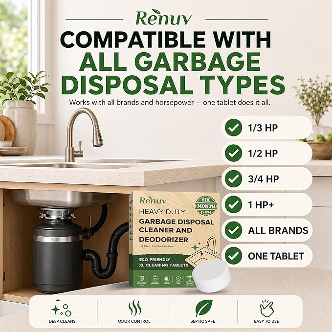 Renuv® Garbage Disposal Cleaner and Deodorizer Tablets Drain Freshener, Deodorizer, Cleaner for Garbage Disposer Cleaners (6 XL Tablets - 6 Months Supply)