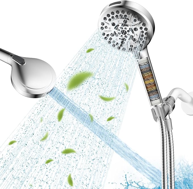 Hibbent High Pressure 10-mode Shower Head, Filtered Handheld Showerhead with Adjustable Brass Joint Holder, 71" Metal Hose, Improve Skin & Hair, Built-in Power Wash to Clean Tub & Pets, Chrome