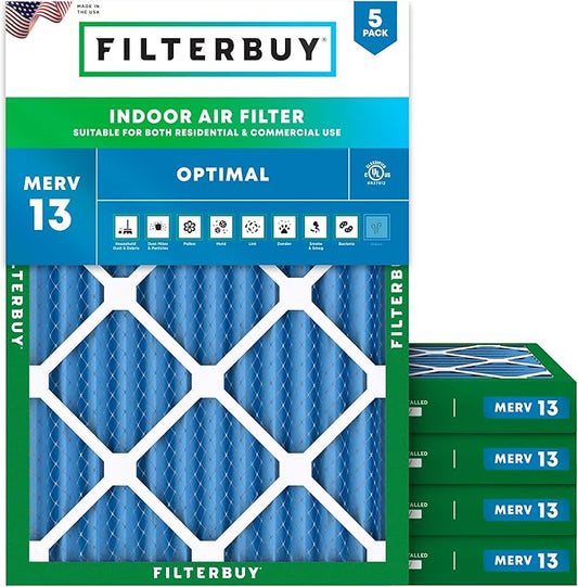 Filterbuy 20x22x2 Air Filter MERV 13 Optimal Smoke & Allergy Defense (5-Pack), Electrostatic Pleated HVAC AC Furnace Filters Replacement, Made in USA (Actual Size: 19.50 x 21.50 x 1.75)