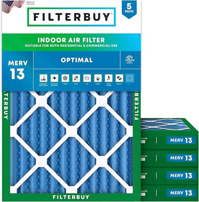 Filterbuy 28x30x2 Air Filter MERV 13 Optimal Smoke & Allergy Defense (5-Pack), Electrostatic Pleated HVAC AC Furnace Filters Replacement, Made in USA (Actual Size: 27.75 x 29.75 x 1.75)