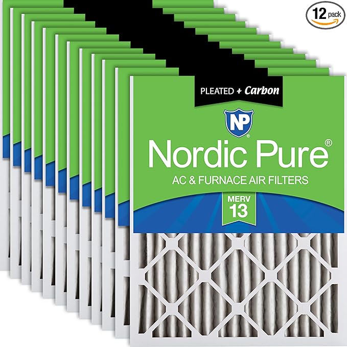 Nordic Pure 16x25x2 (Actual Size: 15 1/2 x 24 1/2 x 1 3/4) Pleated Air Filters MERV 13 Plus Carbon 12 Pack