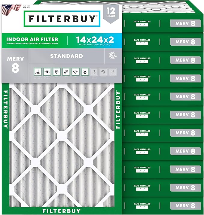 Filterbuy 14x24x2 Air Filter MERV 8 Essential Dust & Allergy Defense (12-Pack), Electrostatic Pleated HVAC AC Furnace Filters Replacement, Made in USA (Actual Size: 13.50 x 23.50 x 1.75)