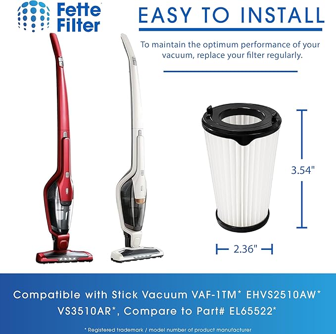 Fette Filter - 2 Pack Vacuum Filters Compatible with Stick Vacuum VAF-1TM EHVS2510AW VS3510AR, Compare to Part# EL65522