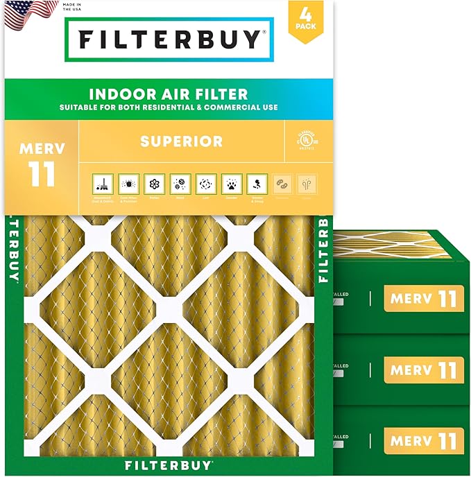 Filterbuy 18x20x4 Air Filter MERV 11 Superior Pet & Allergy Defense (4-Pack), Electrostatic Pleated HVAC AC Furnace Filters Replacement, Made in USA (Actual Size: 17.50 x 19.50 x 3.63)