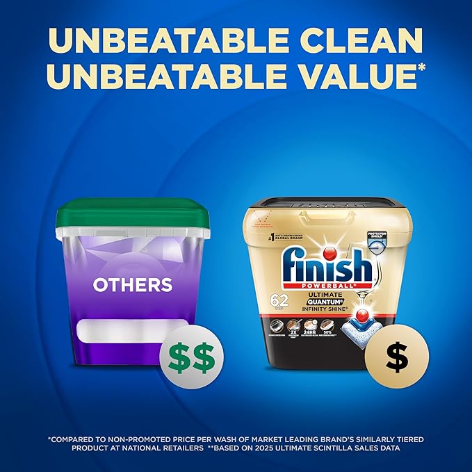 Finish Ultimate Quantum Infinity Shine Dishwasher Pods, New & Improved Formula, Dishwasher Detergent Dish Soap, Removes Burnt-On & Dried-On Stain, Fresh Scent, 62 Count