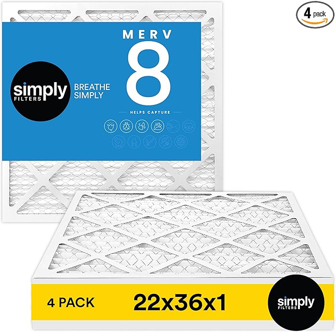 Simply 22x36x1 Air Filter, Merv 8, 4 Pack, For Home AC Furnace & HVAC (Actual Size: 21.75"x35.75"x0.75") DUST, Pet, & Allergy Control