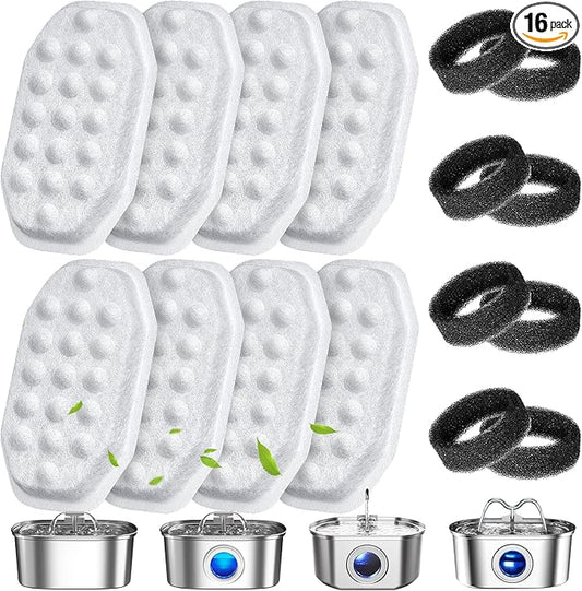 16 Pack Cat Water Fountain Filters Replacement & Pre-Filter Sponges for 108oz/3.2 Stainless Steel Pet Water Fountain with Water Level Window