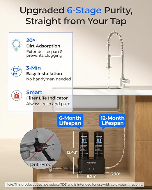 Waterdrop DLA Under Sink Water Filter, No Drill Required, Reduces Chlorine, PFAS, Bad Taste/Odor, Under Sink Water Filtration System, Filter Life Indicator, 2 Stage, Easy Installation